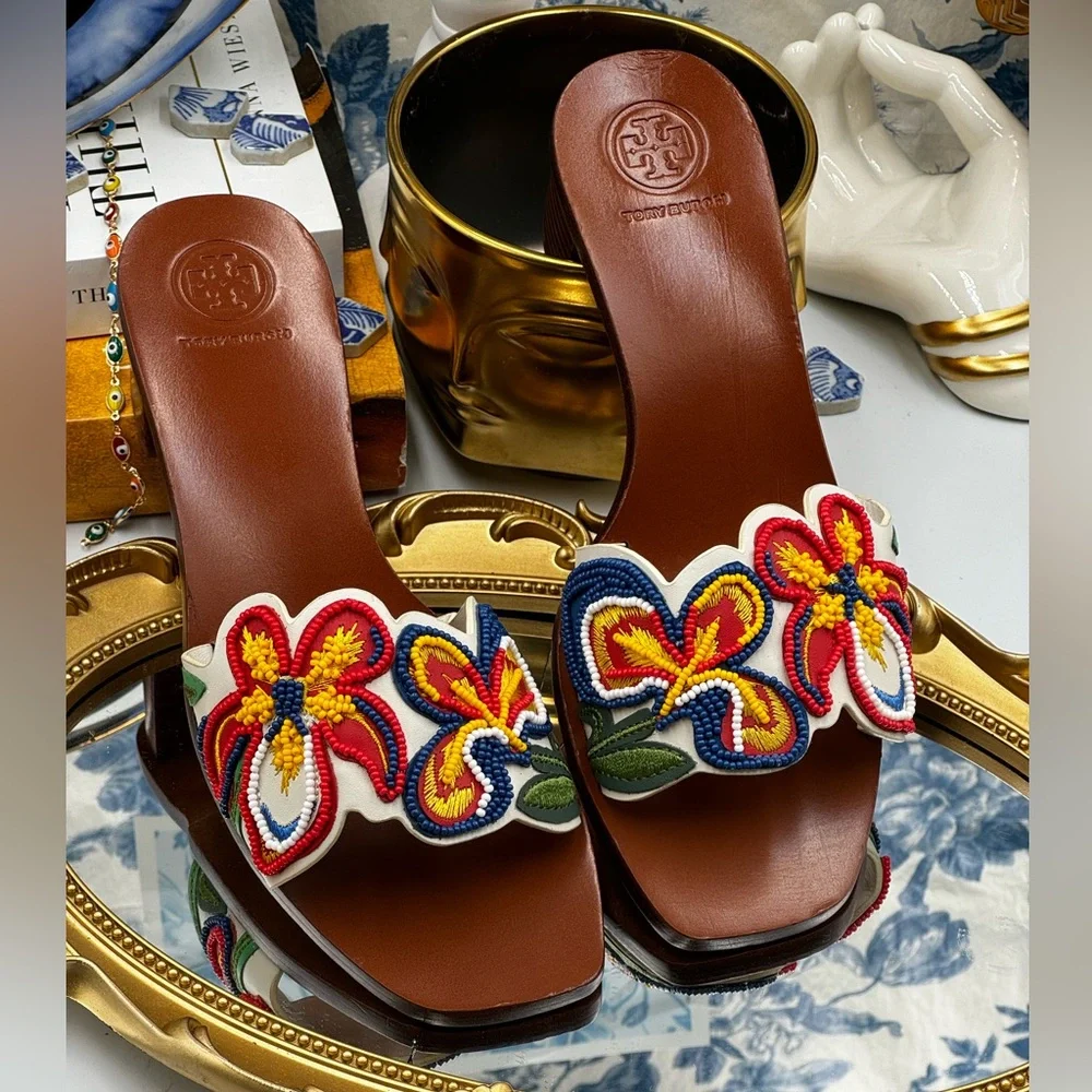 🆕 TORY BURCH 🧿 NWOB Bianca Floral Bead Embellished Slide Sandal, Sz 6.5
